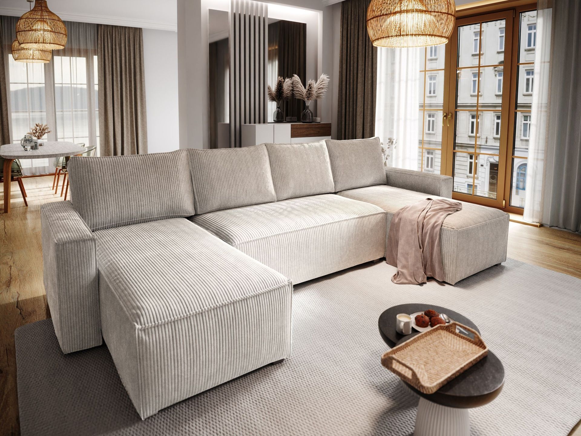 Masseno Narożnik ASPRA z funkcją spania i pojemnikiem na pościel Kształt U, Rozkładana sofa, Rogówka - Kremowy, POSO 100