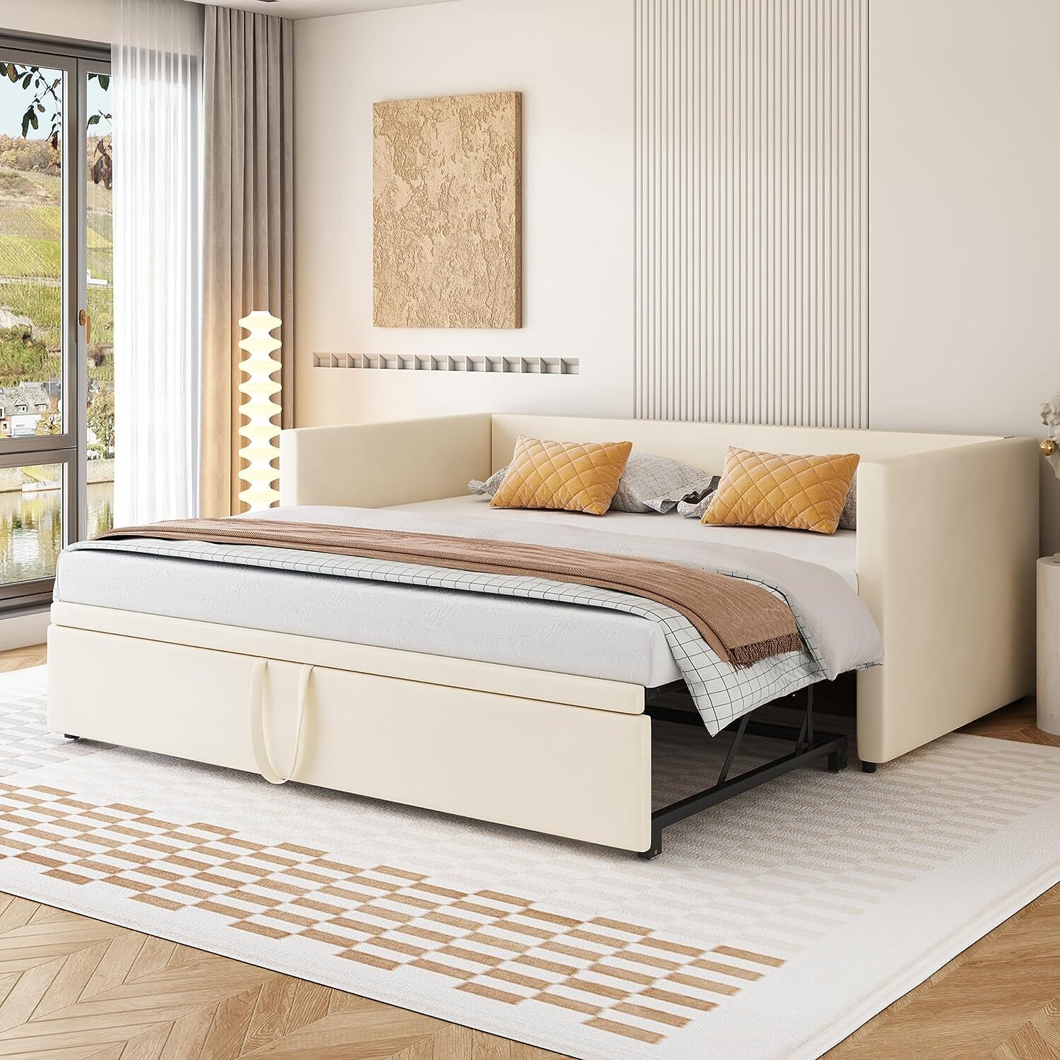 Łóżko tapicerowane Rozkładana sofa 90/180 * 200 cm z listwowym stelażem, wielofunkcyjne łóżko wykonane z przyjaznego dla skóry aksamitu Beżowy