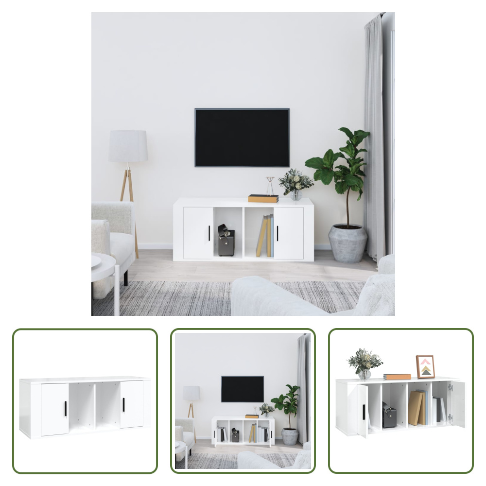 The Living Store szafka pod telewizor biały wysoki połysk 100x35x40 cm materiał drewnopochodny