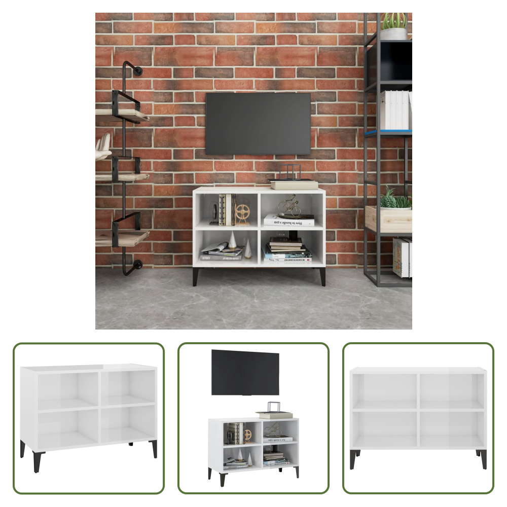 The Living Store szafka pod telewizor z metalowymi nóżkami biały wysoki połysk 69,5x30x50 cm