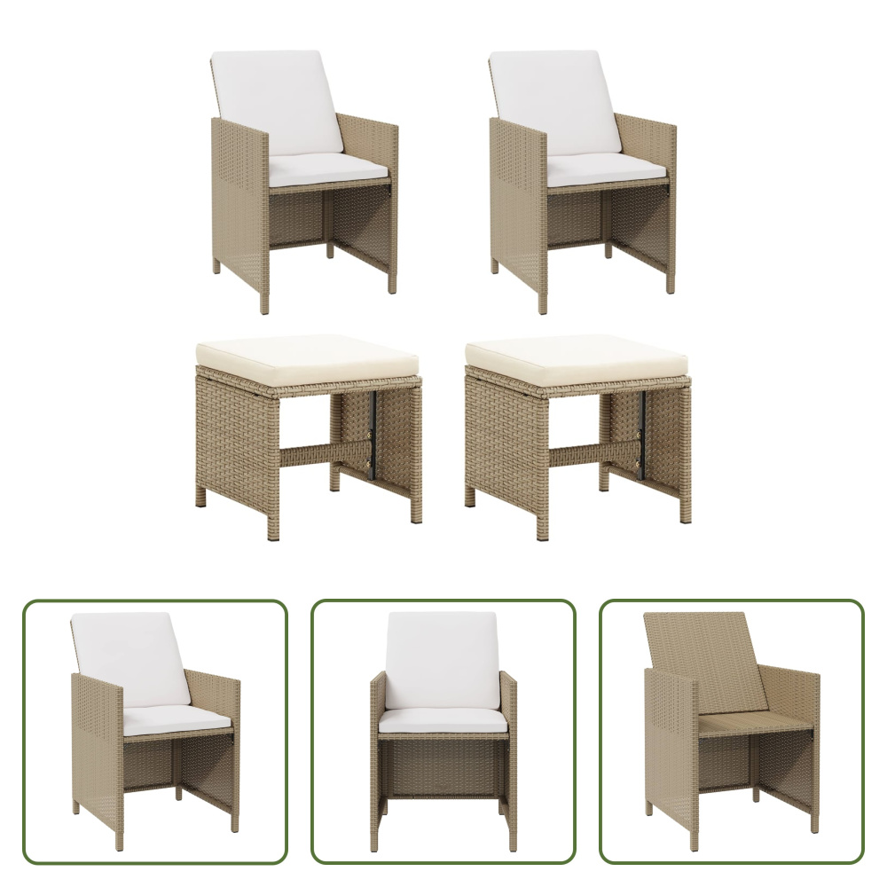 The Living Store Krzesła ogrodowe z taboretem 2 szt. Poli rattan beżowy