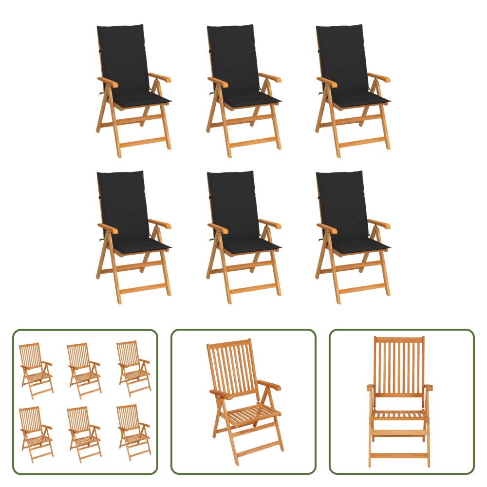 The Living Store krzesła ogrodowe 6 szt. z czarnymi poduszkami z litego drewna tekowego