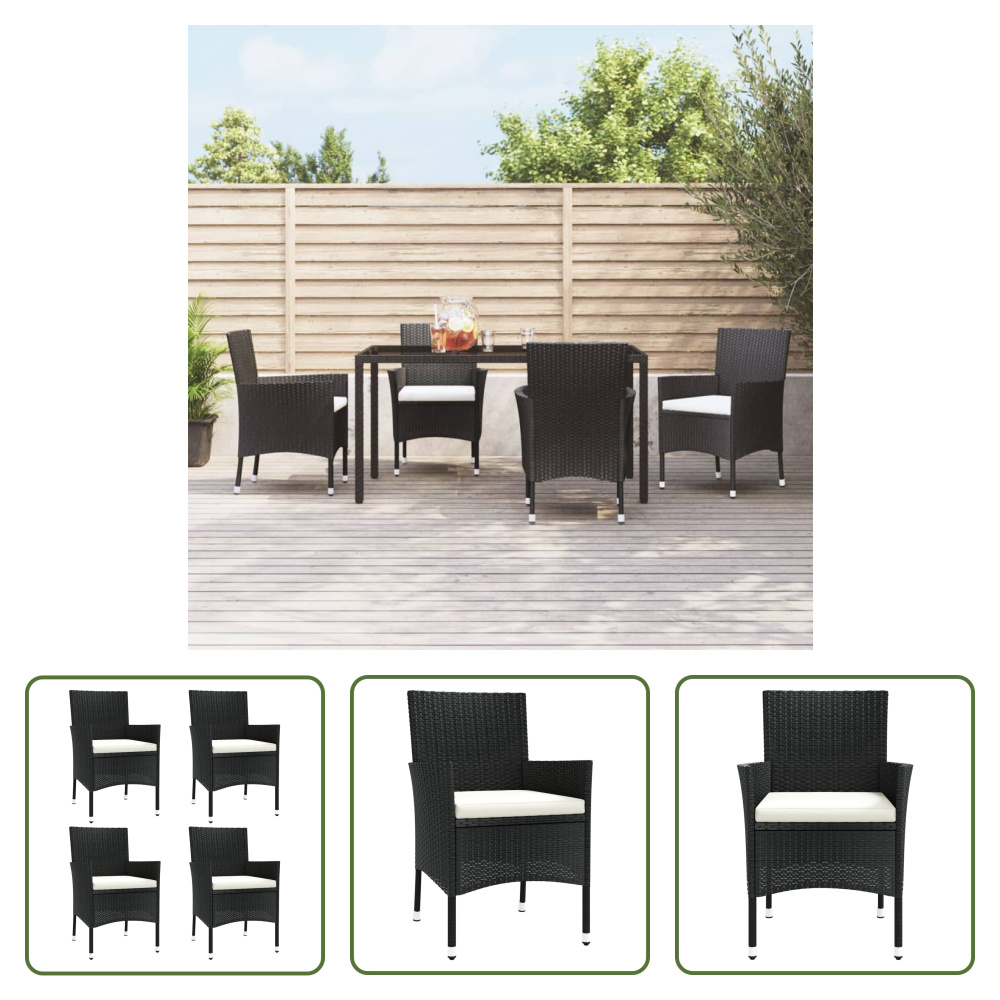 The Living Store Krzesła ogrodowe z poduszką 4 szt. Poli rattan czarny