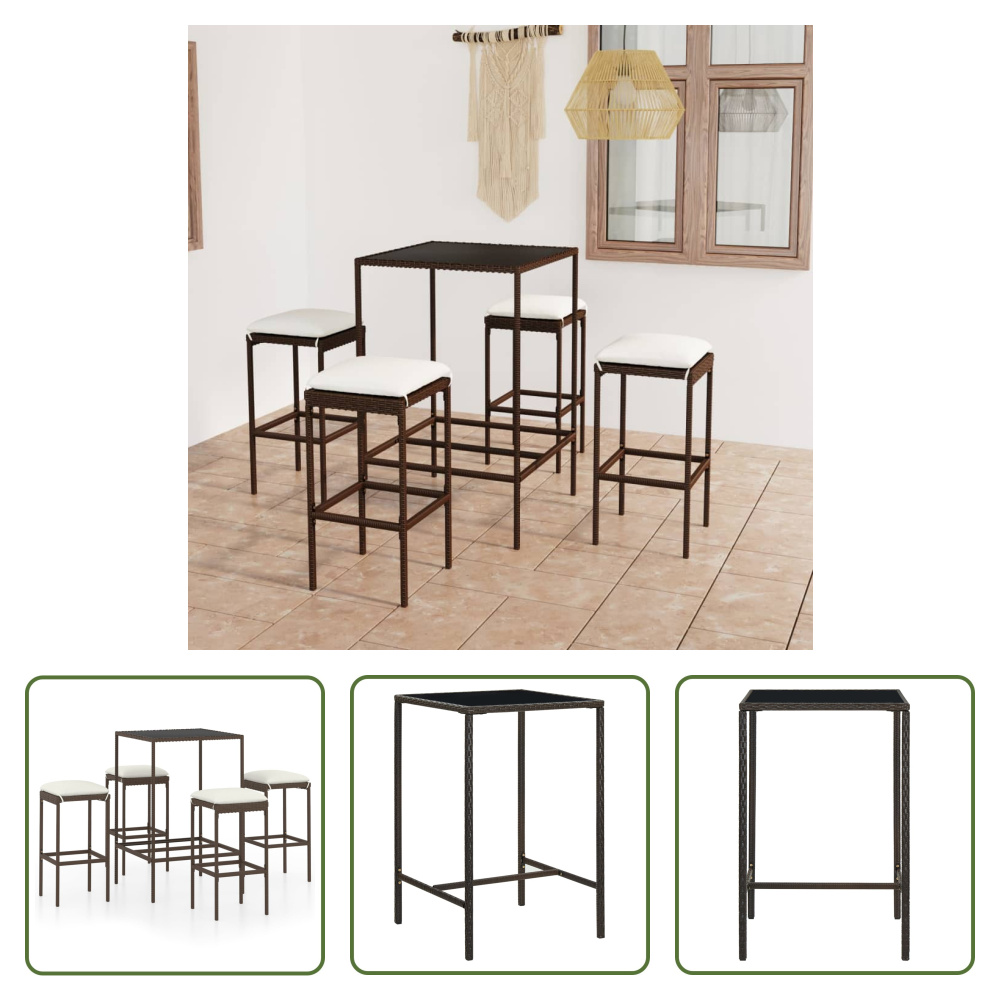 The Living Store 5-częściowy ogrodowy zestaw barowy z poduszkami z polirattanu brązowy