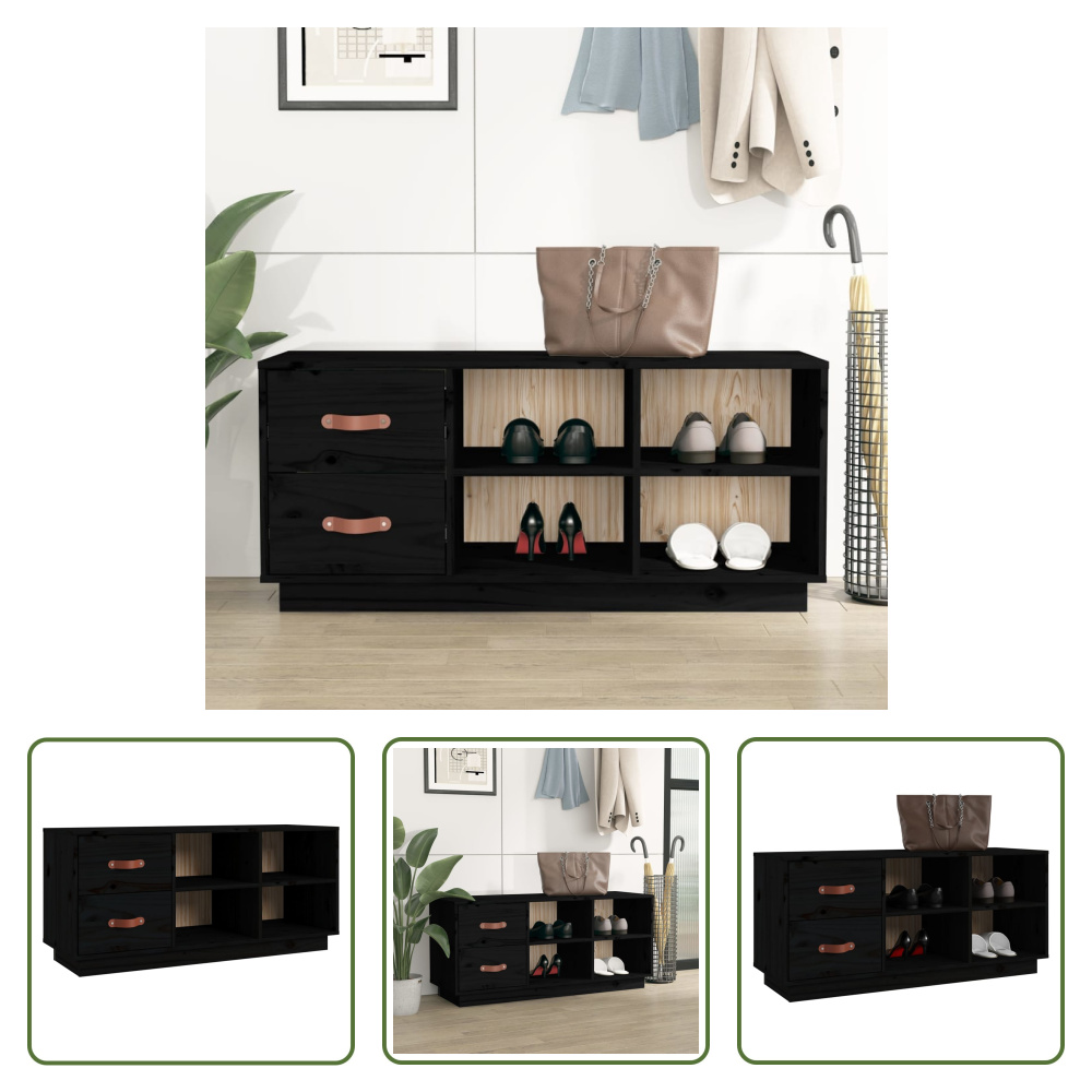 The Living Store Ławka na buty czarna 100x34x45 cm lite drewno sosnowe