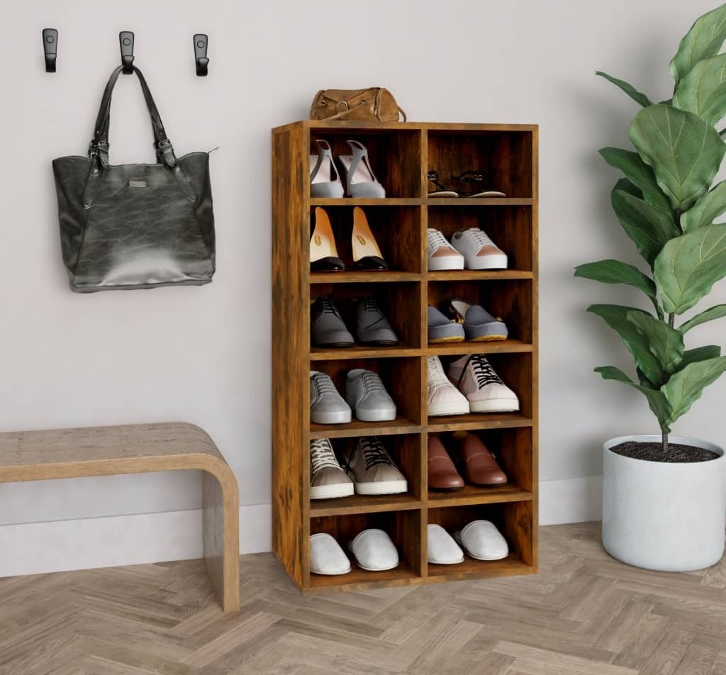 The Living Store Stojak na buty dąb wędzony 54x34x100,5 cm Materiał drewnopochodny