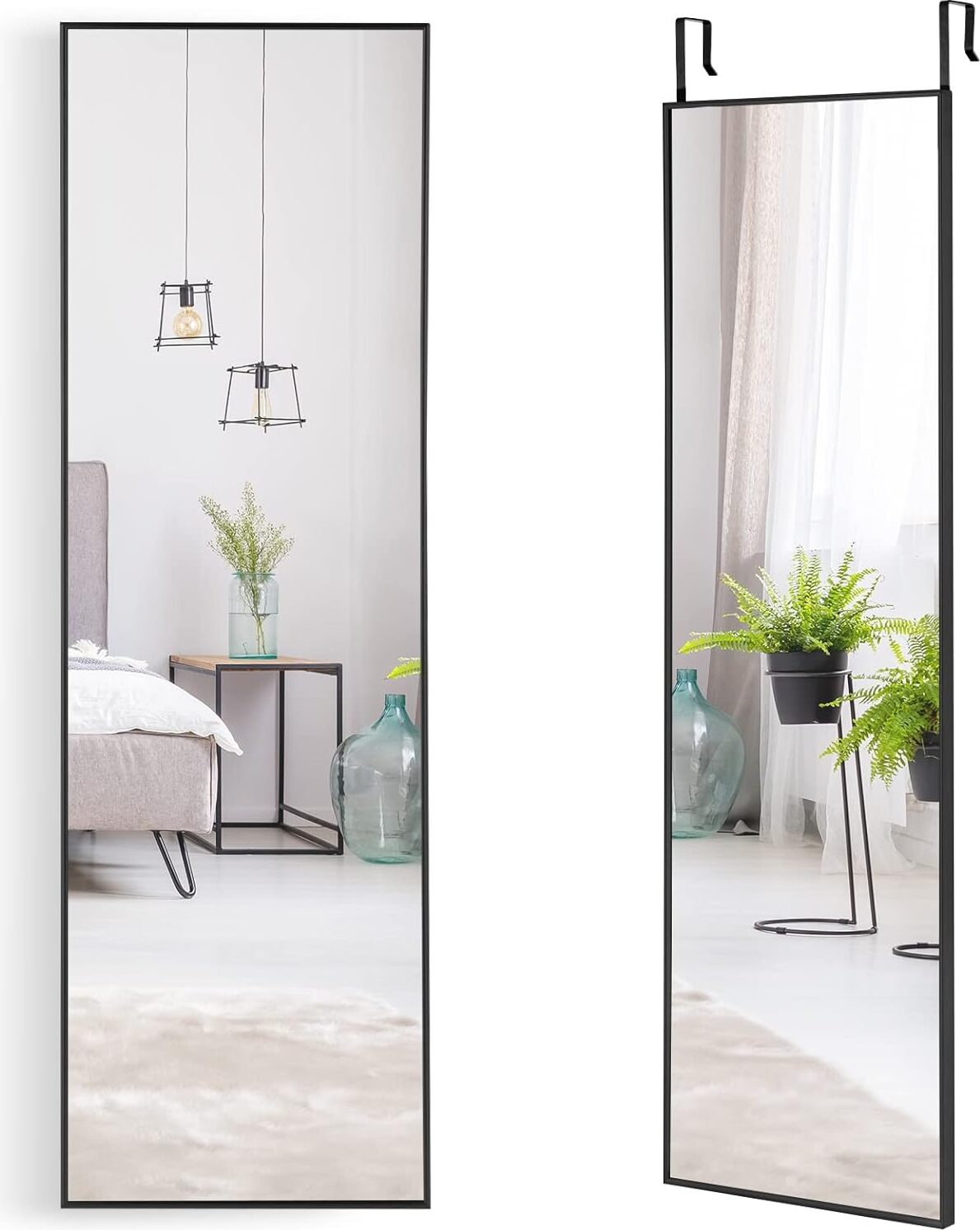 Lustro ścienne 120 x 37 cm, pełnowymiarowe lustro do montażu na ścianie i drzwiach, lustro drzwiowe z 3 regulowanymi haczykami, szkło hartowane i metalowa rama, wiszące lustro do garderoby (czarne)