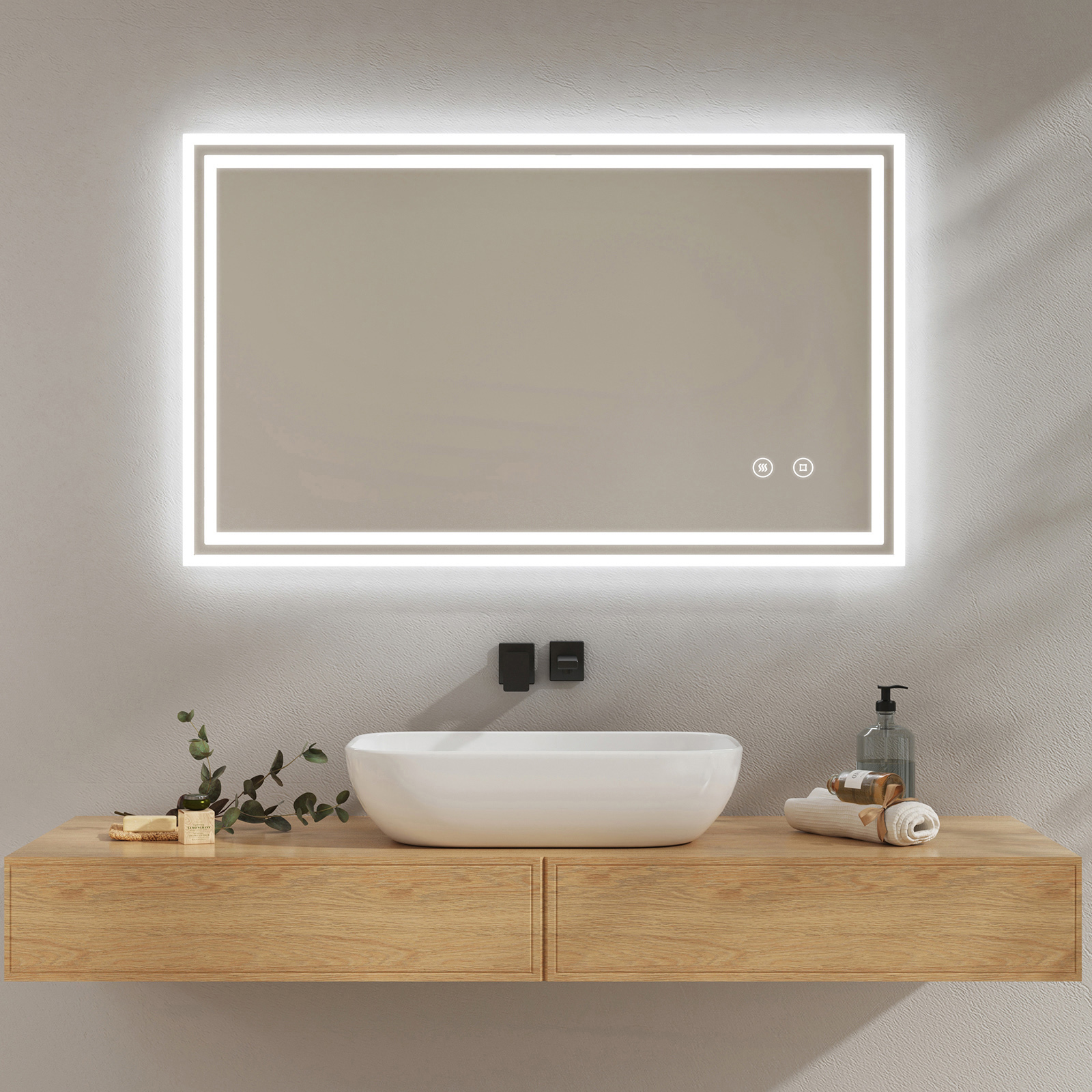 EMKE LED lustro łazienkowe 100x60cm lustro łazienkowe z oświetleniem zimna biel podświetlane lustro łazienkowe lustro ścienne z włącznikiem dotykowym + przeciwmgielne IP44 energooszczędne