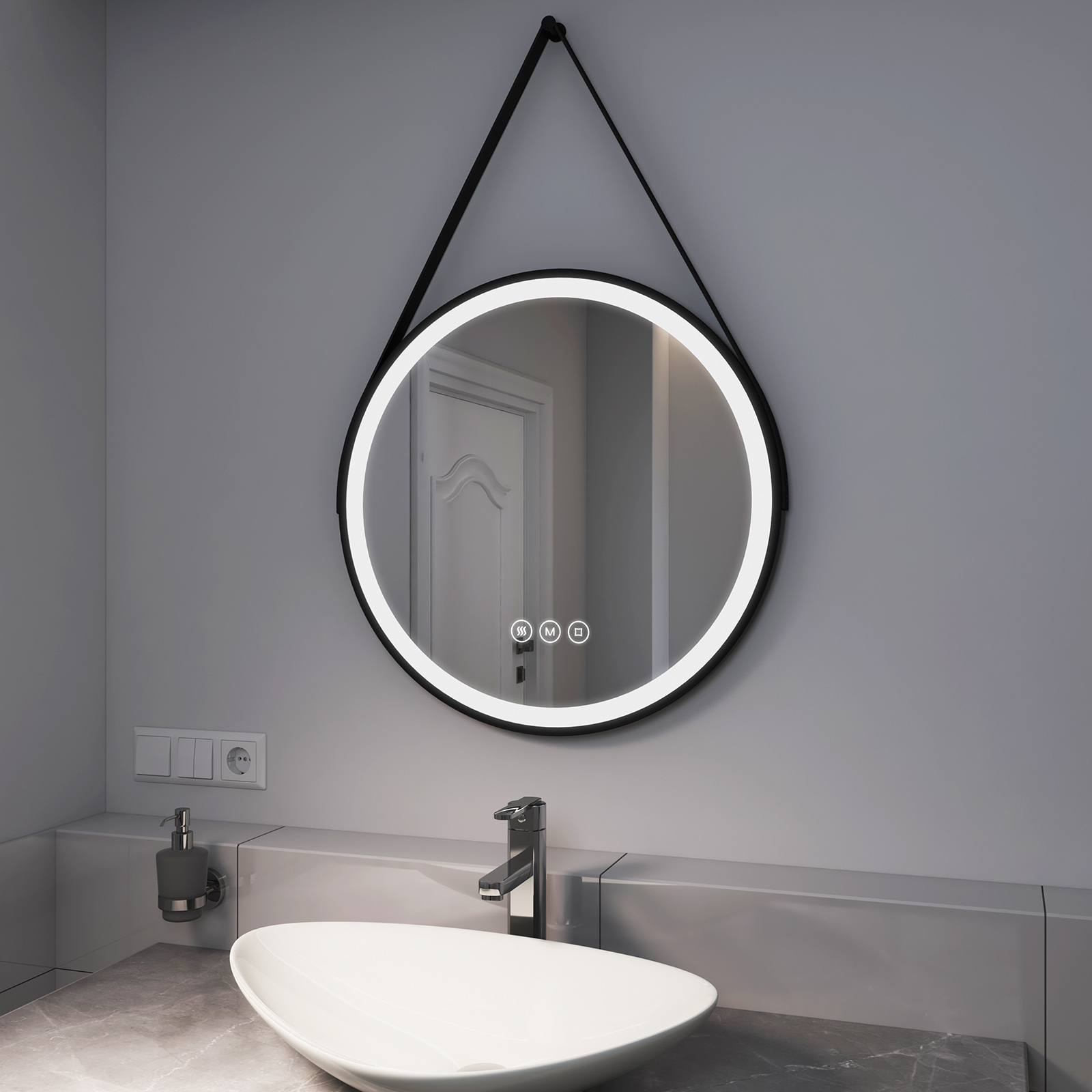 EMKE Lustro łazienkowe LED okrągłe o średnicy 60 cm Lustro łazienkowe LED z oświetleniem 3 barwy światła 3000-6400K chłodna biel neutralna ciepła biel ściemnialne podświetlane lustro z powłoką przeciwmgielną i przełącznikiem dotykowym IP44 energooszczędne (czarny design)
