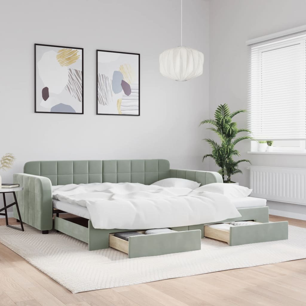 vidaXL Łóżko dzienne rozkładane z szufladami jasnoszare 100x200 cm aksamitne