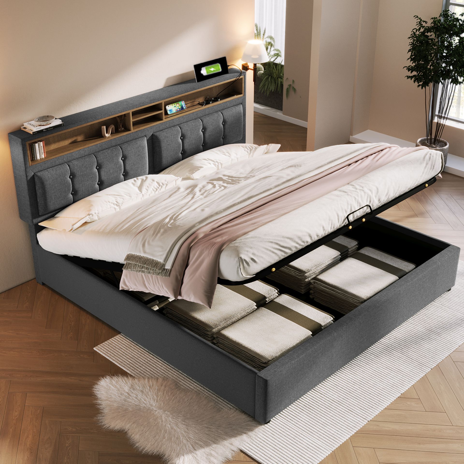 Łóżko tapicerowane Flieks 160x200cm z USB i gniazdkami, łóżko na sprężynach skrzyniowych łóżko podwójne ze schowkiem, łóżko młodzieżowe ze stelażem z listew, pościel, szare