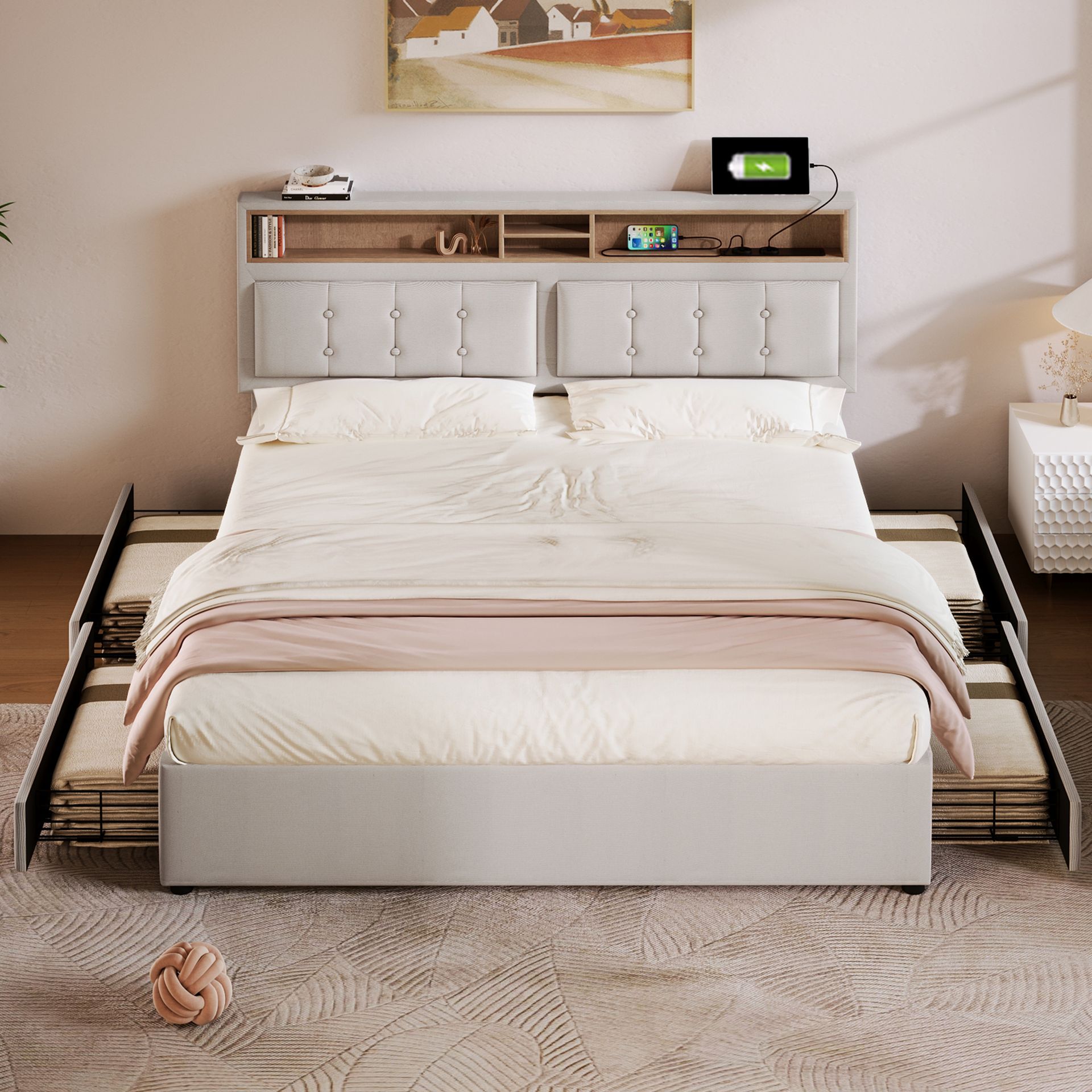 Łóżko tapicerowane Flieks 160x200cm z USB i gniazdkami, łóżko młodzieżowe dwuosobowe z 4 szufladami, łóżko do przechowywania z litego drewna ze stelażem z listew, pościel, beżowe