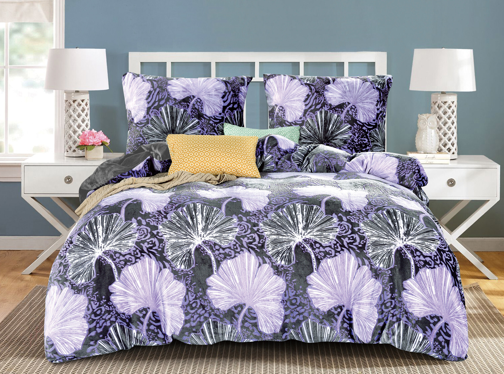 Pościel pluszowa fioletowe kwiaty 135x200 poszwa na kołdrę z poszewką na poduszkę 2-częściowa z zamkiem błyskawicznym Przytulna pluszowa pościel zimowa ciepła przytulna pościel