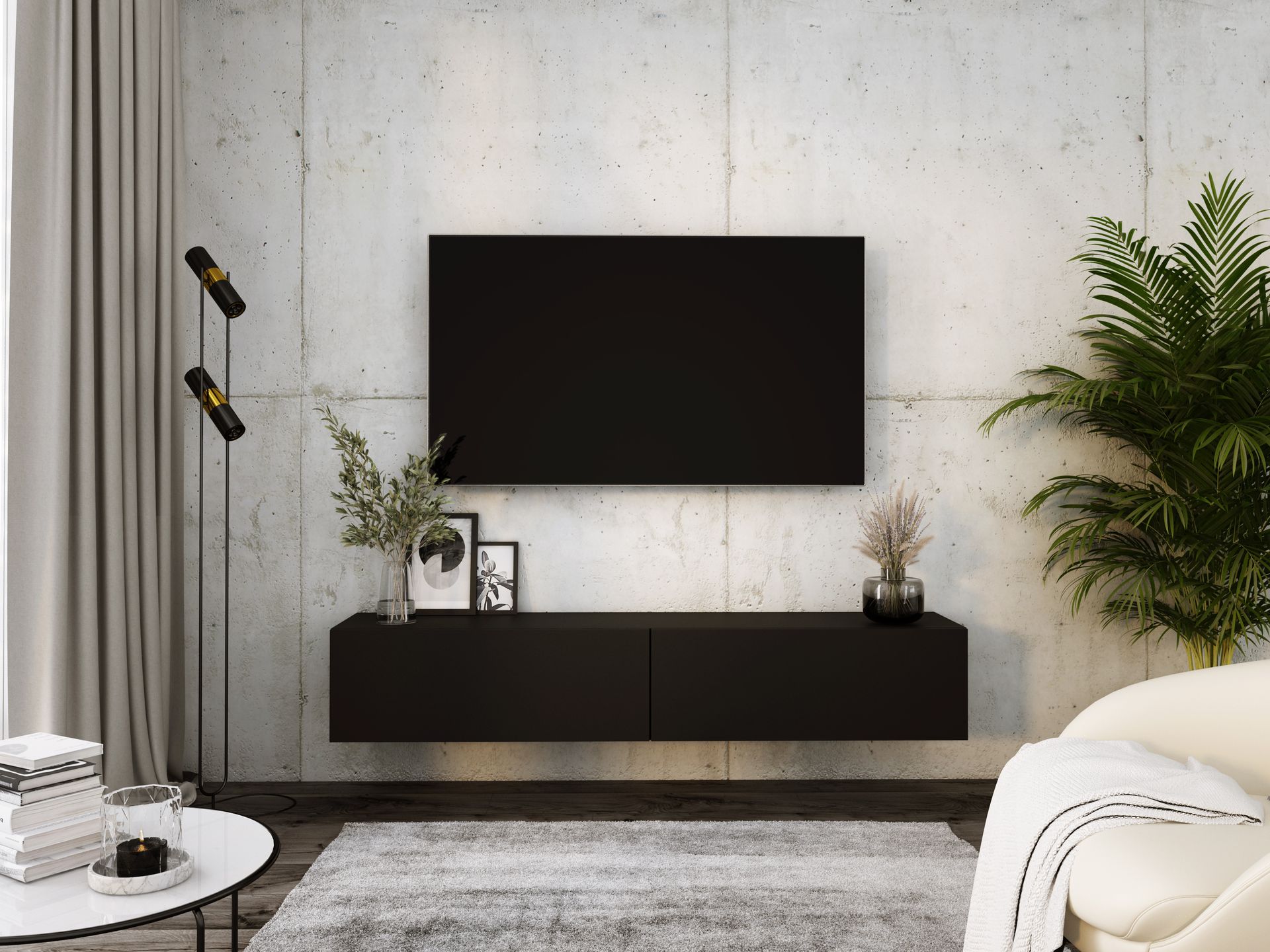 Wisząca szafka pod telewizor - Nowoczesny design z funkcją otwierania push-to-open. A: szer. 170 cm, wys. 34 cm, gł. 32 cm. TV Lowboard, TV Board, TV Sideboard Hanging, BLACK MATT