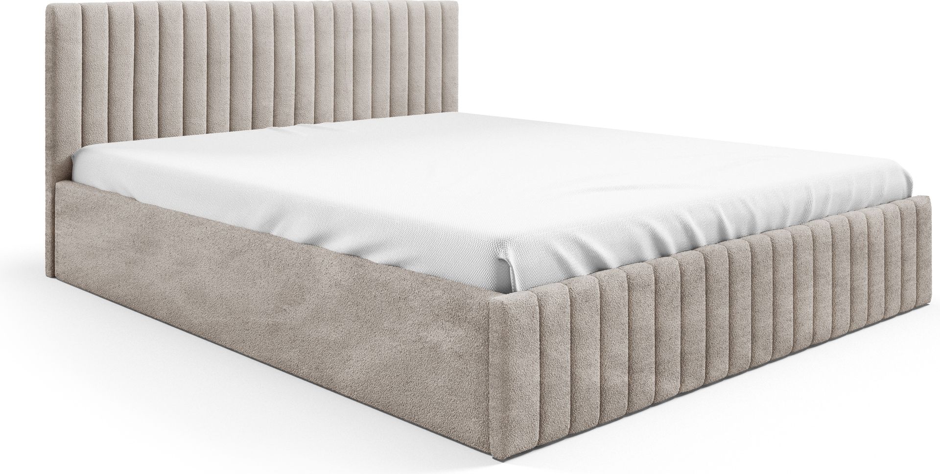 Łóżko tapicerowane 140x200 beżowe z tkaniny boucle z metalową ramą z listew i miejscem do przechowywania