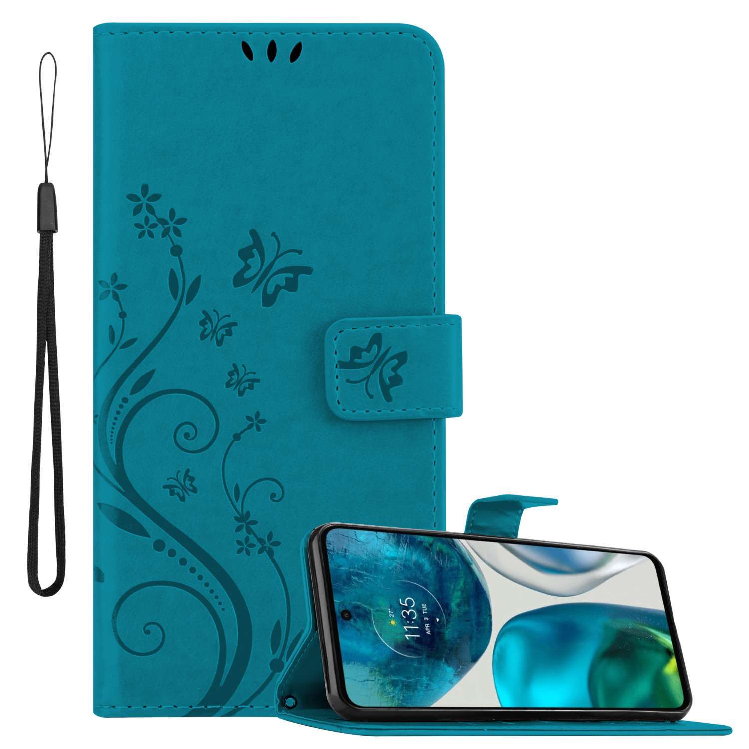 Cadorabo pokrowiec na telefon Motorola MOTO G52 4G / G82 5G w kolorze FLORAL BLUE pokrowiec ochronny w kwiatowy wzór z magnetycznym zamknięciem, funkcją podstawki i kieszeniami na karty flip case pokrowiec w kwiatki etui na telefon z klapką etui na książkę
