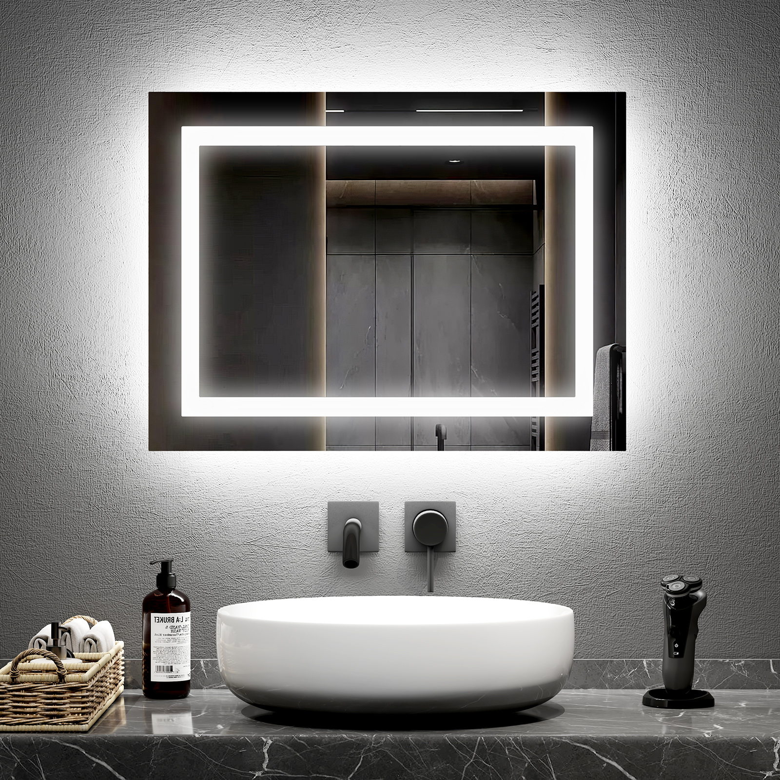 Lustro łazienkowe EMKE z oświetleniem 60 x 45 cm Lustro łazienkowe LED Bezmgielne z przełącznikiem przyciskowym z 2 kolorami światła, zimnym białym i ciepłym światłem