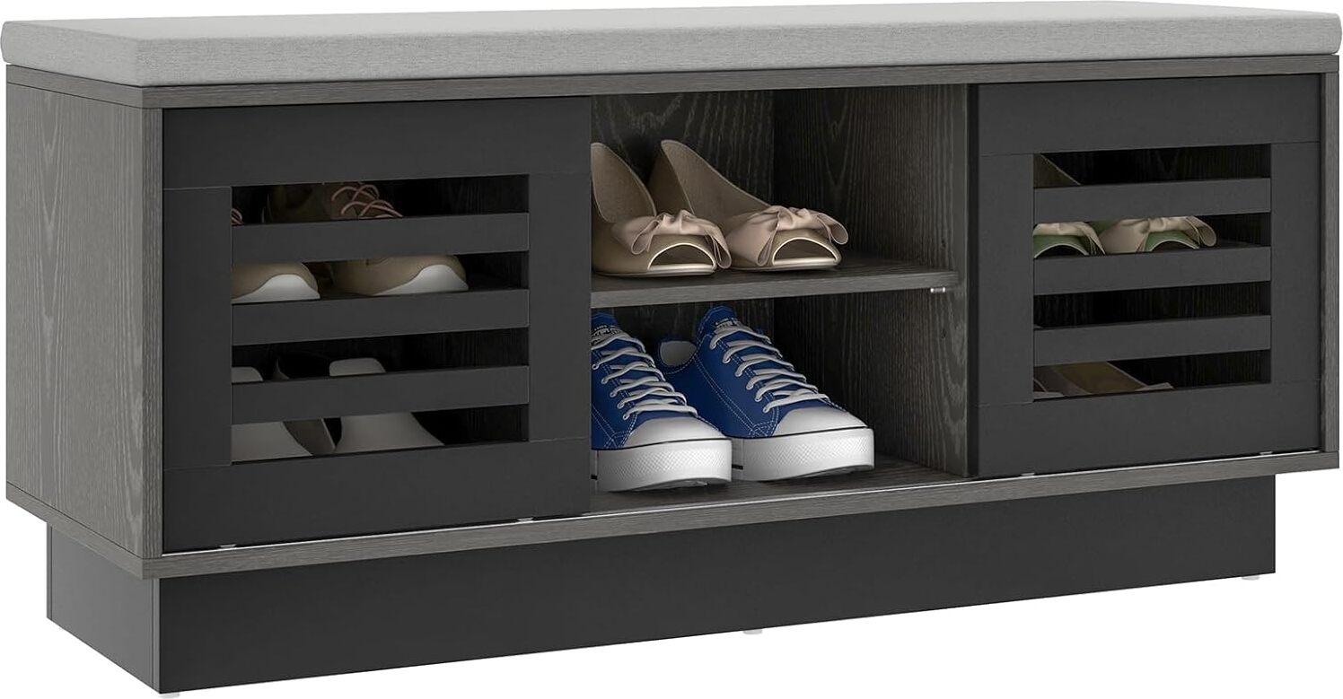 Ławka na buty COSTWAY, 2 w 1 ławka i półka na buty 6 przegródek, z 3 regulowanymi półkami, schowek na buty z poduszką na siedzisko, 99,5 x 34,5 x 46 cm, nowoczesna (czarna)