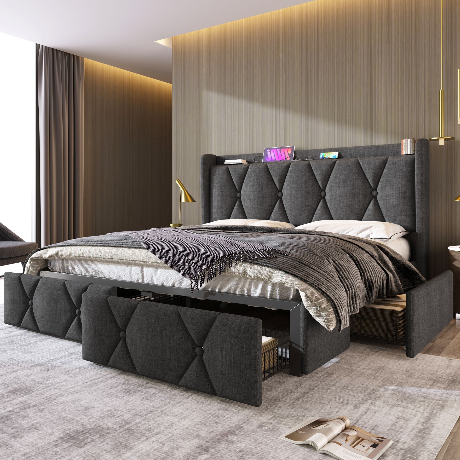 Łóżko tapicerowane Flieks 160x200 z USB i gniazdkami, łóżko do przechowywania ze stelażem listwowym, łóżko podwójne z 4 szufladami, łóżko młodzieżowe klasyczne, pościel, szary