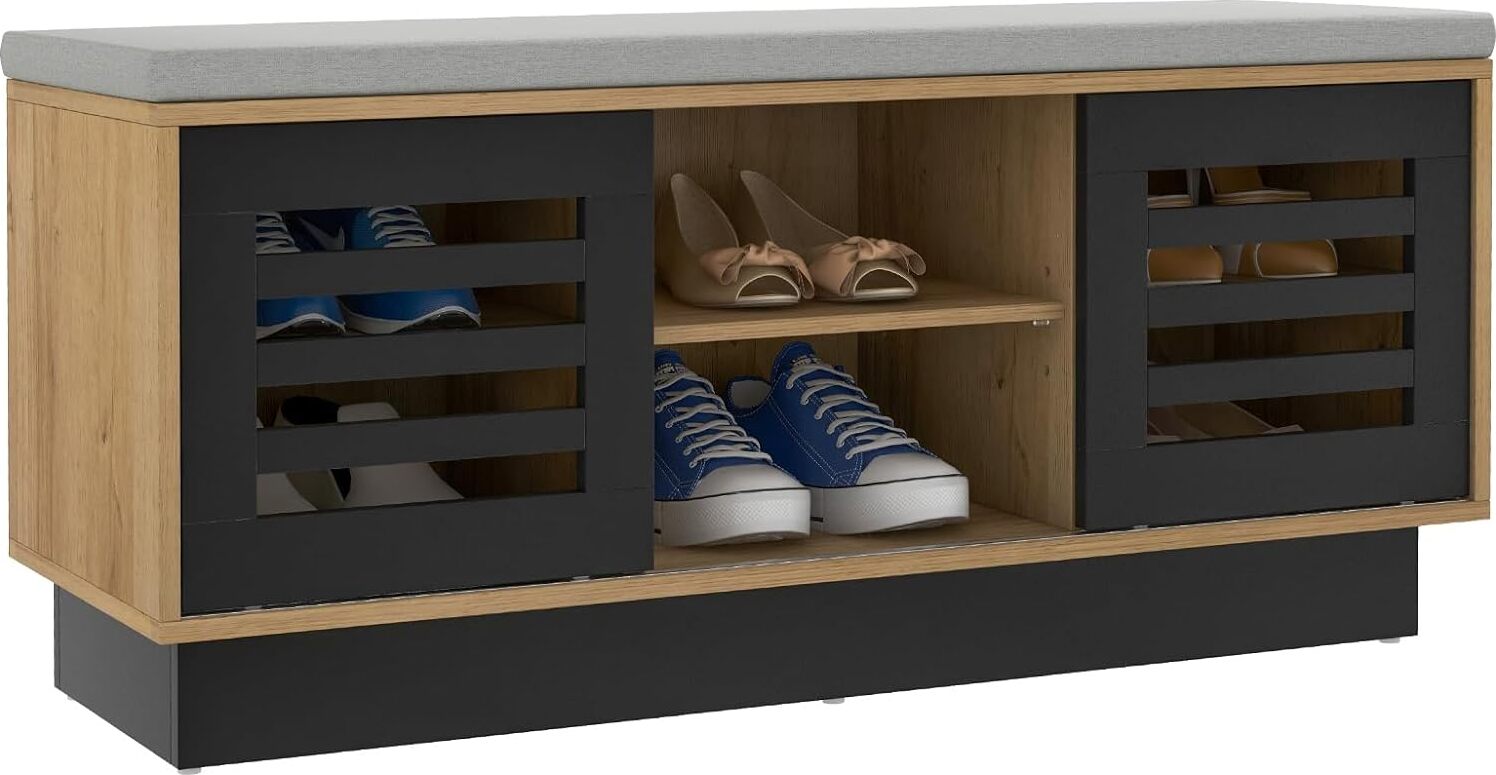 Ławka na buty COSTWAY, 2 w 1 ławka i półka na buty 6 przegródek, z 3 regulowanymi półkami, schowek na buty z poduszką na siedzisko, 99,5 x 34,5 x 46 cm, nowoczesna (naturalna)