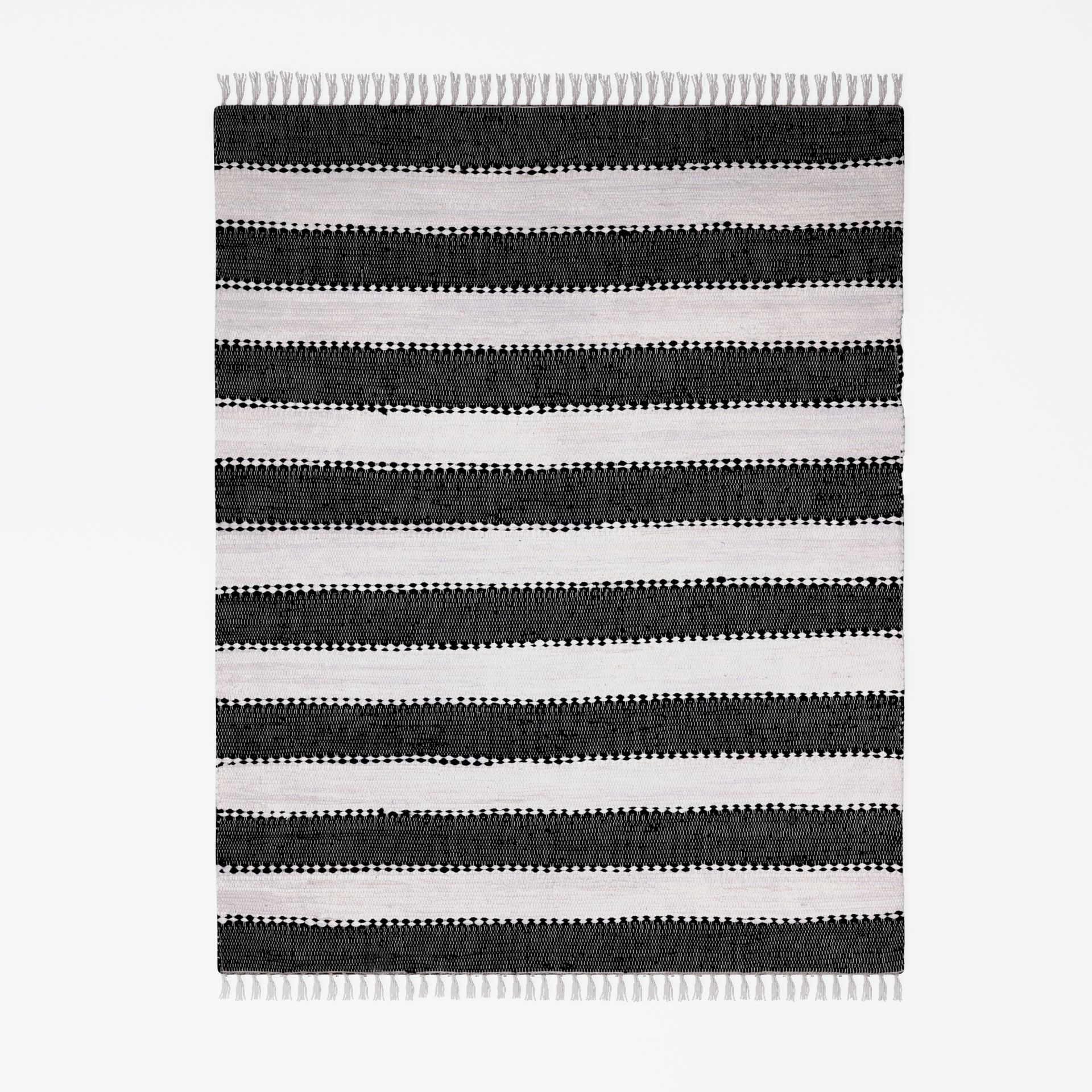 Dywan patchworkowy MY-RUG, Aarav, 150x80, dywan Chindi czarno-biały, wykonany z resztek bawełny z recyklingu, ręcznie tkany, dwustronny, z frędzlami, prostokątny