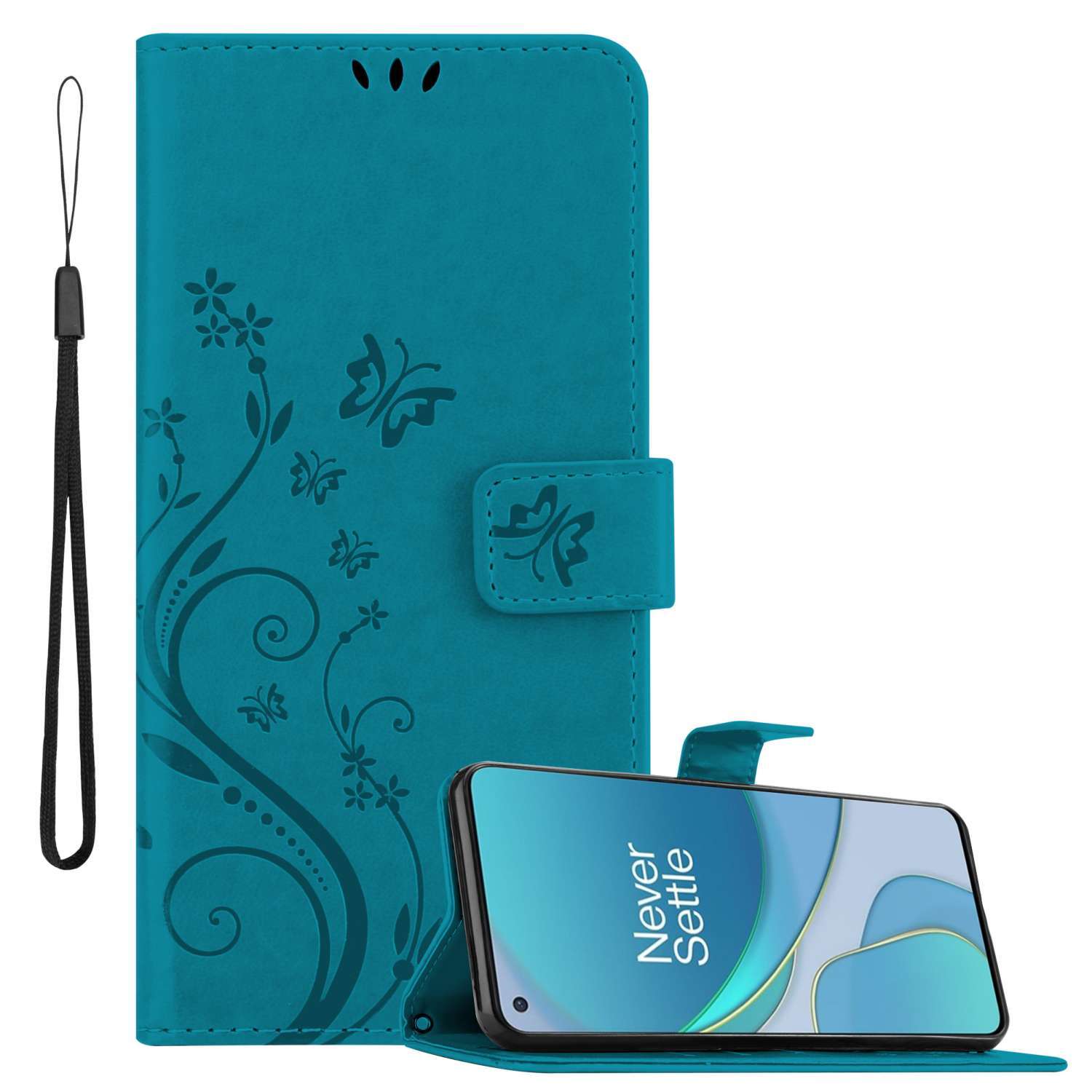 Pokrowiec Cadorabo do OnePlus 8T w kolorze FLORAL BLUE Pokrowiec ochronny w kwiatowy wzór z zapięciem magnetycznym, funkcją podstawki i kieszeniami na karty Etui z klapką Flower Cover Etui z klapką na telefon komórkowy Etui książkowe