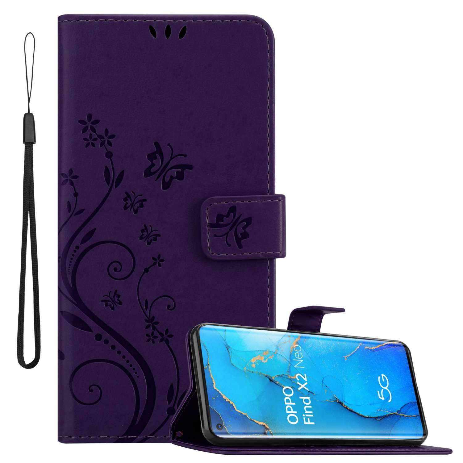 Cadorabo pokrowiec na Oppo FIND X2 NEO w kolorze FLORAL DARK LILA pokrowiec ochronny w kwiatowy wzór z zapięciem magnetycznym, funkcją podstawki i kieszeniami na karty etui z klapką w kwiaty etui na telefon komórkowy etui na książkę