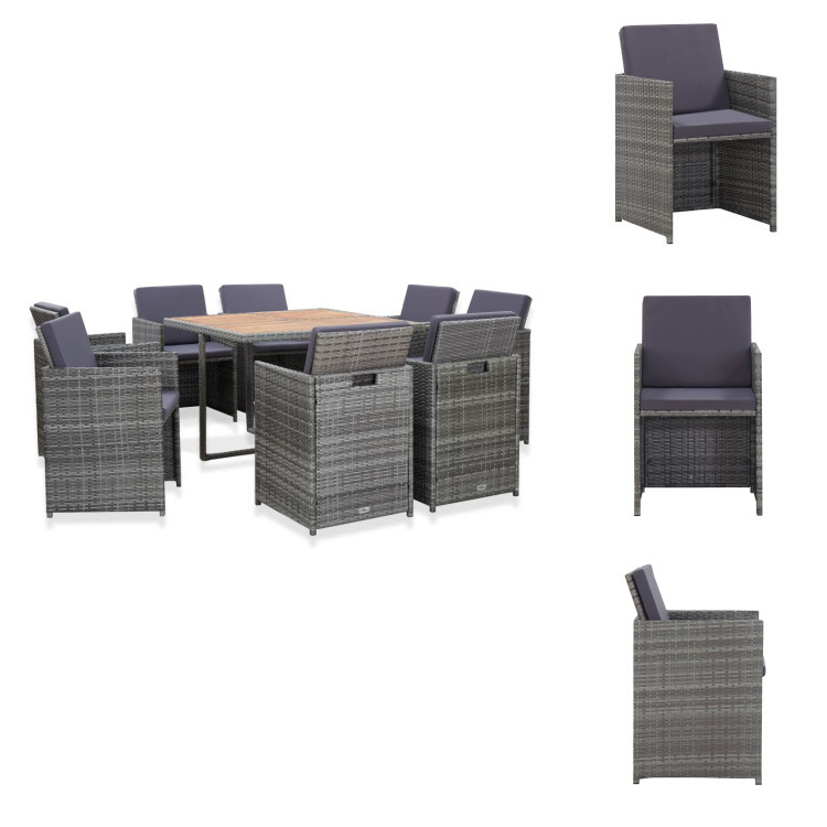 vidaXL 9-częściowy ogrodowy zestaw jadalniany z poduszkami z polirattanu antracyt - Zestawy mebli ogrodowych