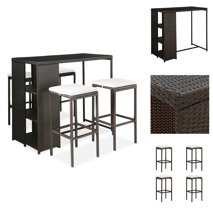 vidaXL 5-częściowy ogrodowy zestaw barowy z poduszkami z polirattanu brązowy - Zestawy mebli ogrodowych