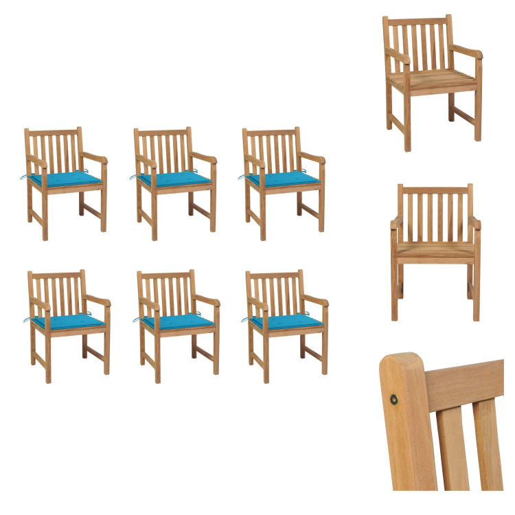vidaXL Krzesła ogrodowe 6 szt. z niebieskimi poduszkami z litego drewna tekowego - Krzesła ogrodowe