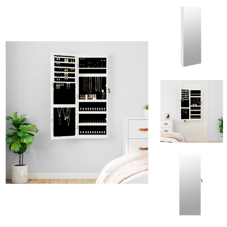 vidaXL Lustrzana szafka na biżuterię z oświetleniem LED do montażu na ścianie, biała - Lustro