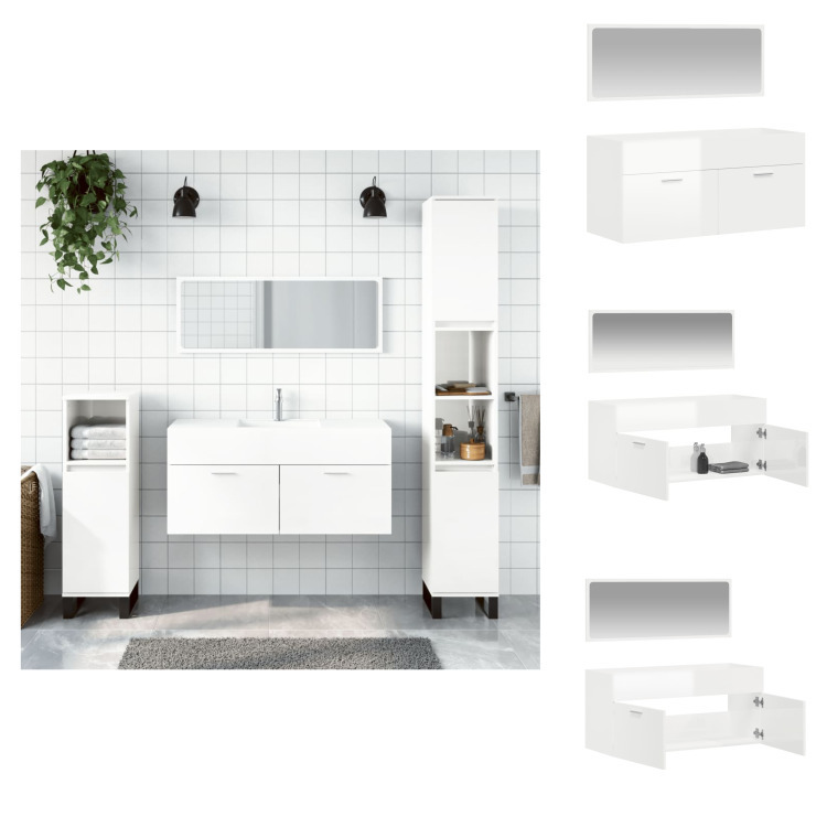 vidaXL Szafka łazienkowa z lustrem biały wysoki połysk materiał drewnopochodny - Zestawy mebli łazienkowych