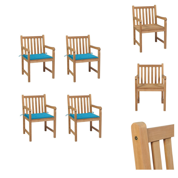 vidaXL Krzesła ogrodowe 4 szt. z niebieskimi poduszkami z litego drewna tekowego - Krzesła ogrodowe