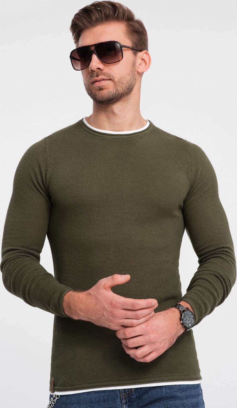 Ombre Clothing Klasyczny sweter męski Kabshiel ciemna oliwka XL