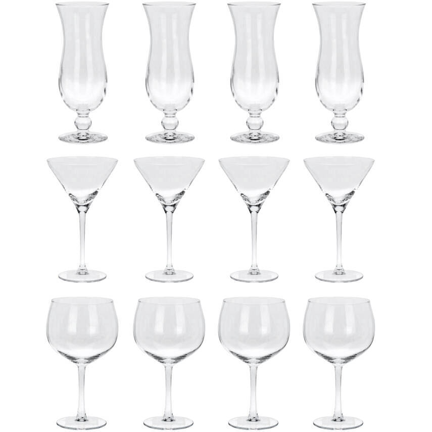 Kieliszki do drinków, 3 rodzaje szklanek do drinków: Gin, Tonic, Hurricane, 12 sztuk