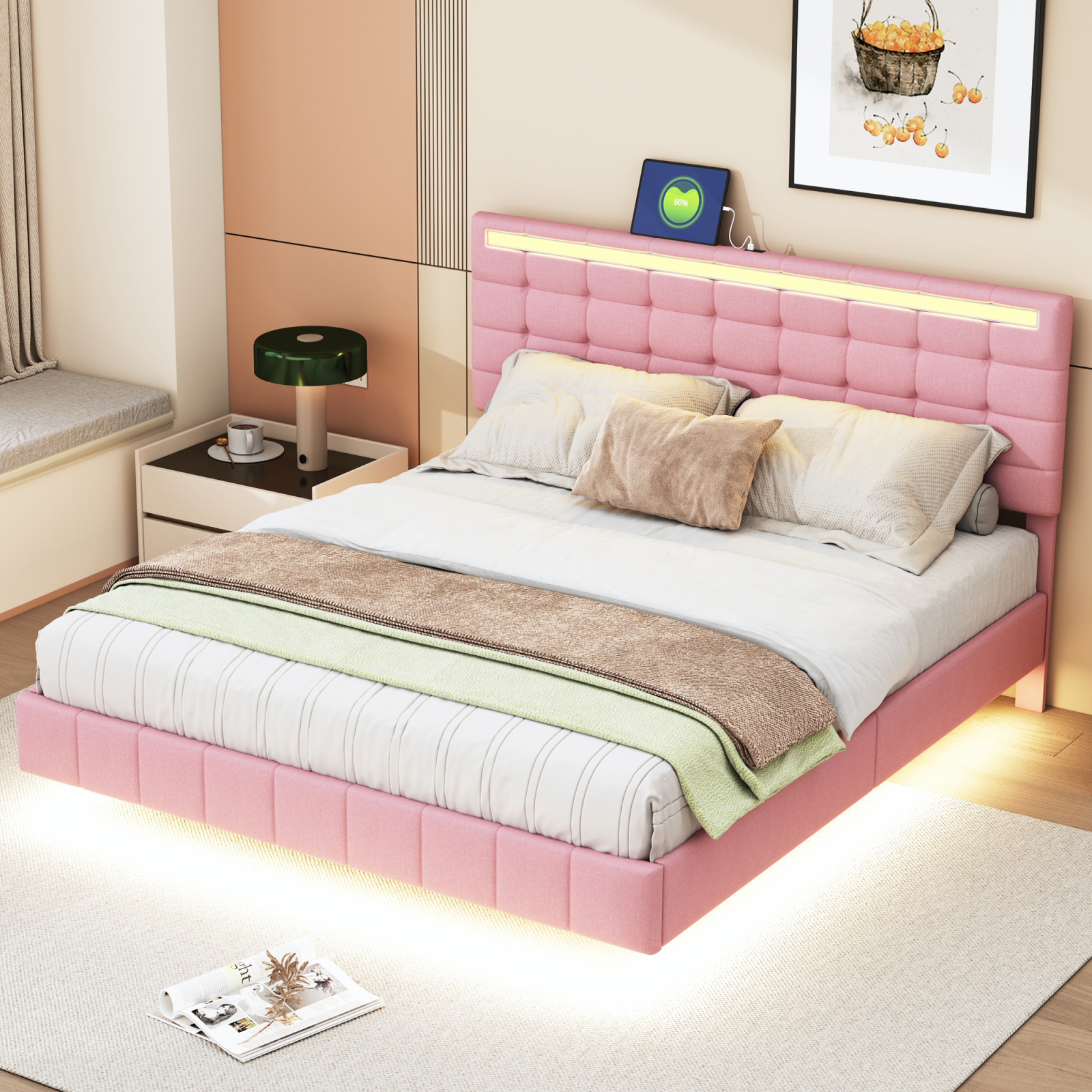 Łóżko tapicerowane Fortuna Lai 160x200cm z oświetleniem LED i wtyczką USB, podwójne łóżko z pływającą ramą łóżka i zagłówkiem o regulowanej wysokości, drewniane łóżko młodzieżowe, funkcjonalna pościel, różowy