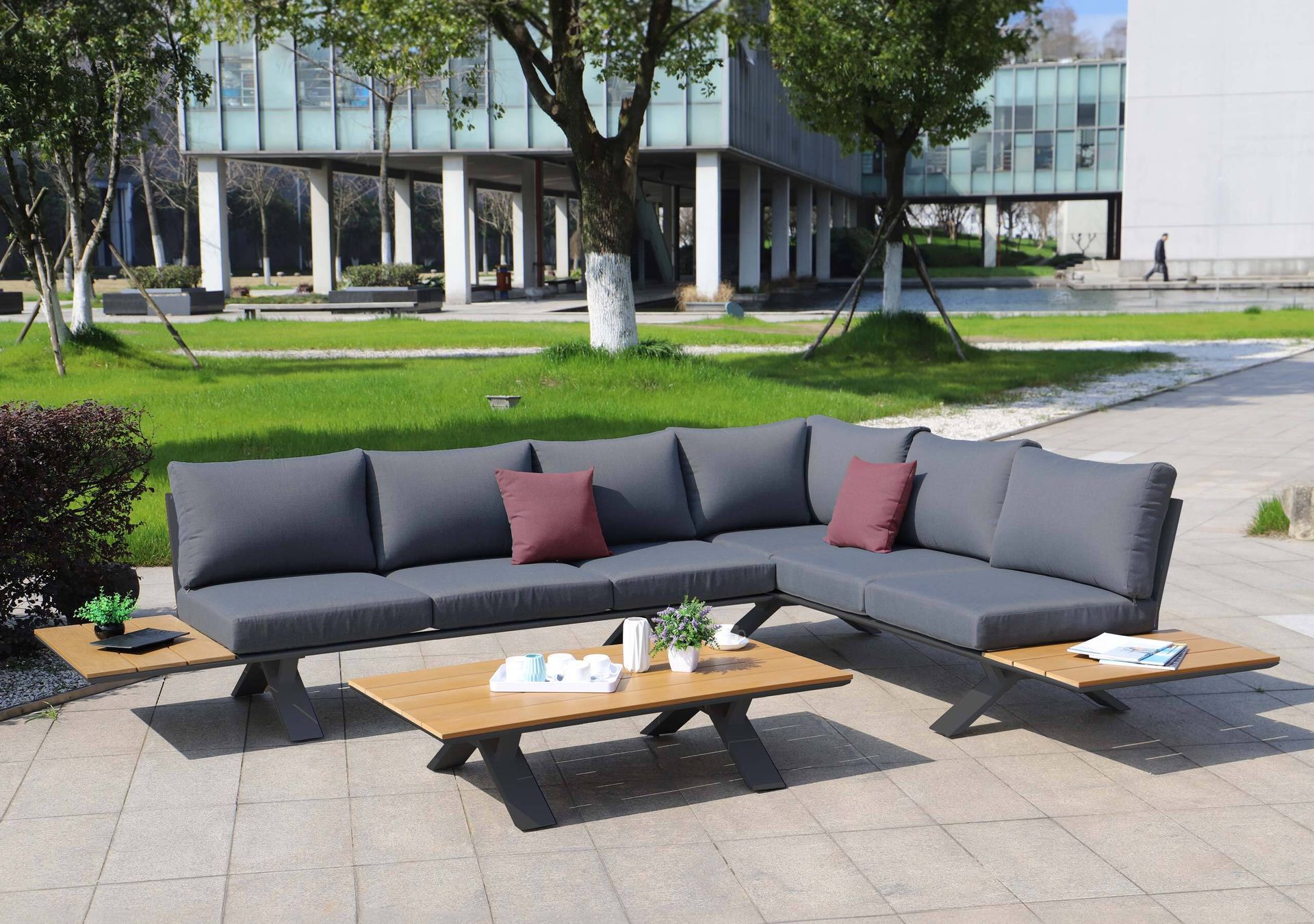 Aluminiowy zestaw ogrodowy HWC-M62, zestaw wypoczynkowy do ogrodu / salonu, sofa o wyglądzie drewna ~ antracytowa rama, ciemnoszara tapicerka