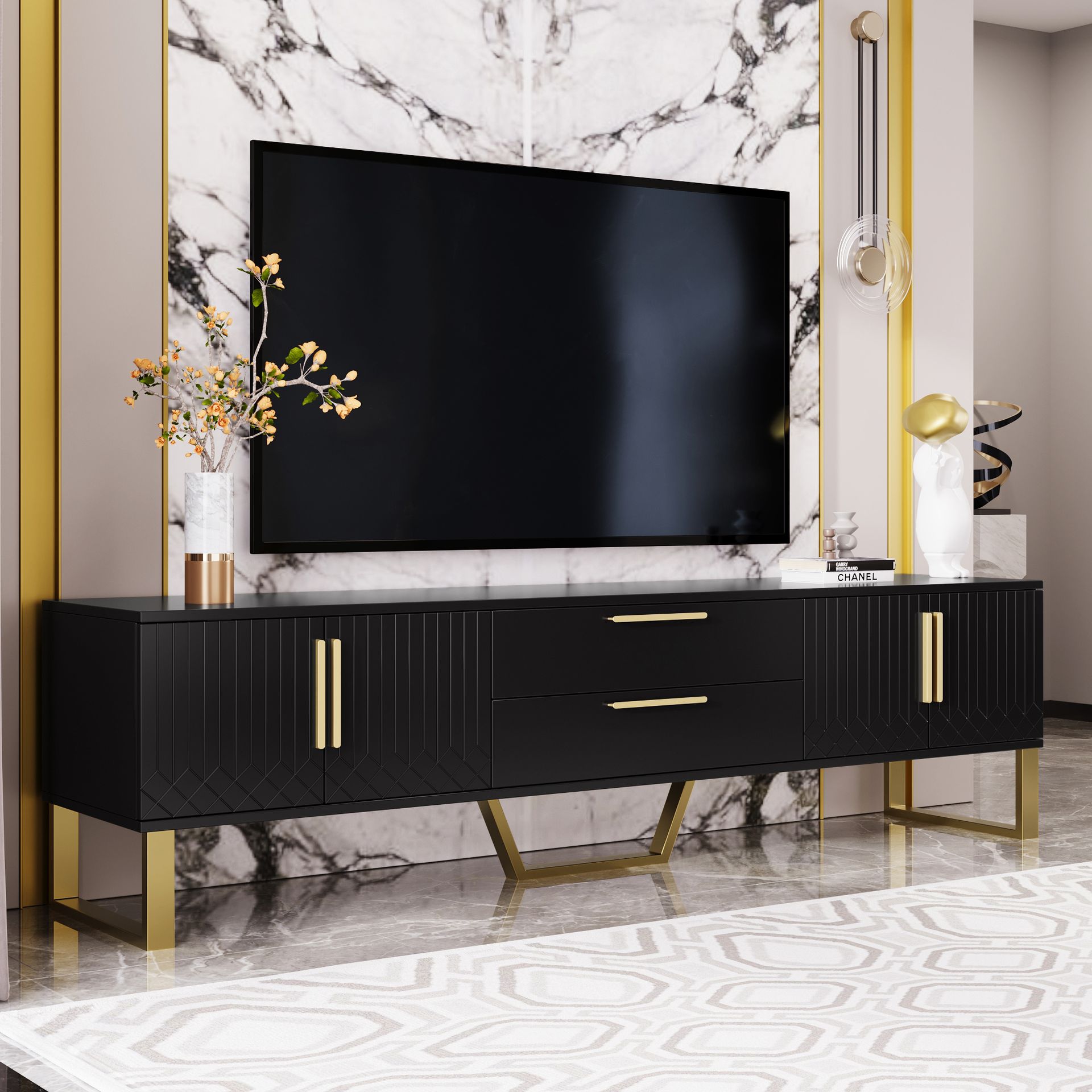 Szafka pod TV Merax z 2 szufladami i 4 drzwiczkami, stolik pod TV o wysokim połysku ze złotą podstawą, stolik pod TV 170x40x53cm, czarny