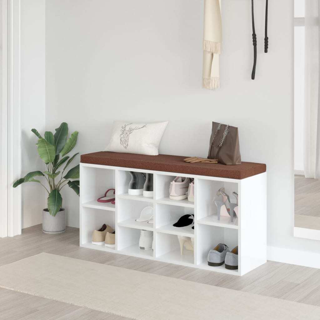 vidaXL Ławka na buty biały wysoki połysk 103x30x48 cm Materiał drewnopochodny - Ławka na buty - Ławki na buty - Ławka z miejscem do przechowywania - Stojak na buty