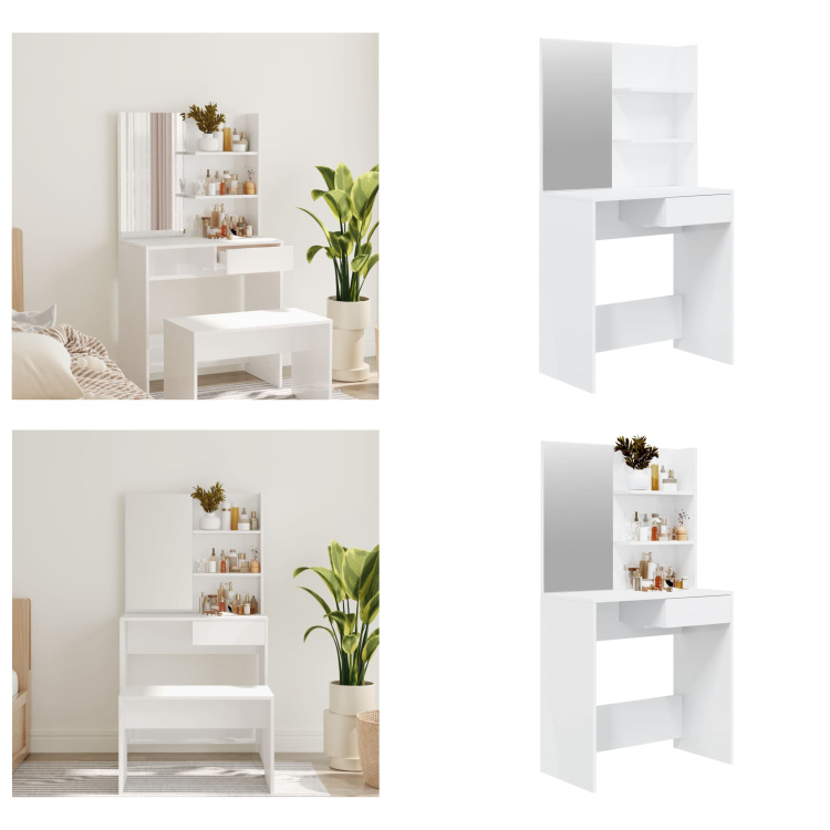 vidaXL Toaletka z lustrem biały wysoki połysk 74,5x40x141 cm - Toaletka - Stolik do makijażu - Stolik kosmetyczny - Toaletka