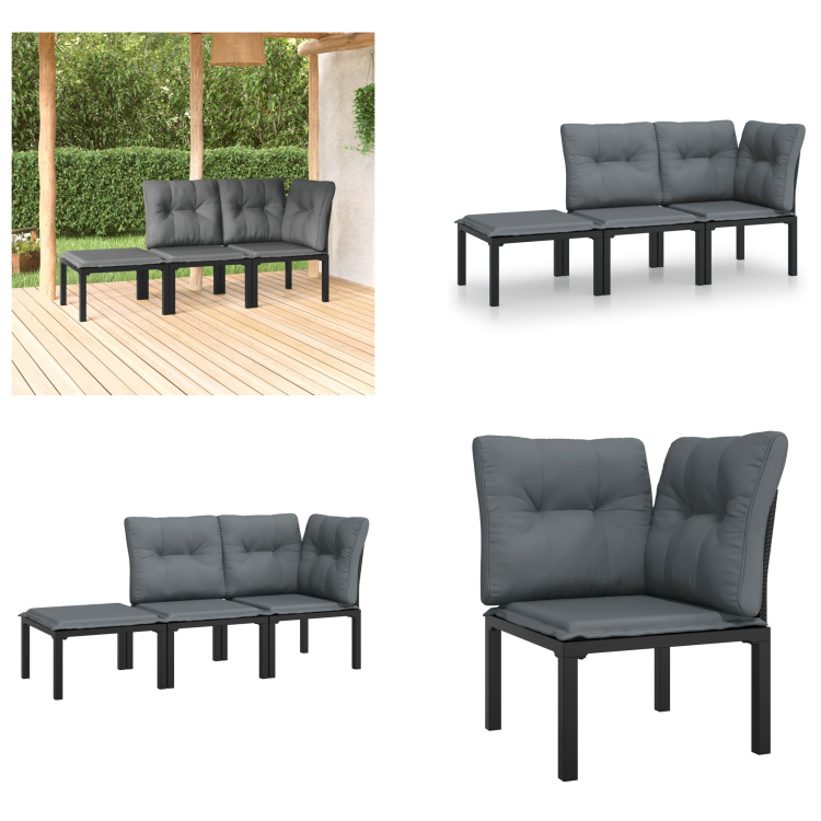 vidaXL 3-częściowy zestaw wypoczynkowy do ogrodu z czarnego i szarego polirattanu - Zestaw wypoczynkowy do ogrodu - Zestawy wypoczynkowe do ogrodu - Zestaw wypoczynkowy - Zestaw mebli ogrodowych