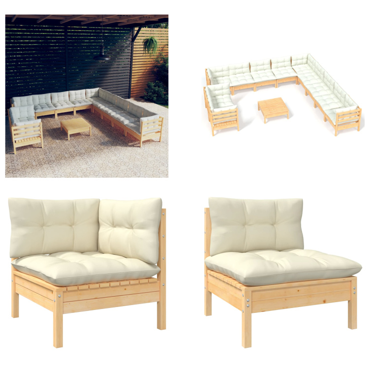 vidaXL 12-częściowy zestaw wypoczynkowy do ogrodu z kremowymi poduszkami z litego drewna sosnowego - Zestaw wypoczynkowy do ogrodu - Zestawy wypoczynkowe do ogrodu - Zestawy mebli ogrodowych - Zestawy mebli ogrodowych