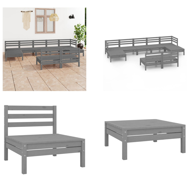 vidaXL 9-częściowy zestaw wypoczynkowy do ogrodu szary sosna lita - Zestaw mebli ogrodowych - Zestawy mebli ogrodowych - Zestawy mebli ogrodowych - Zestawy ogrodowe