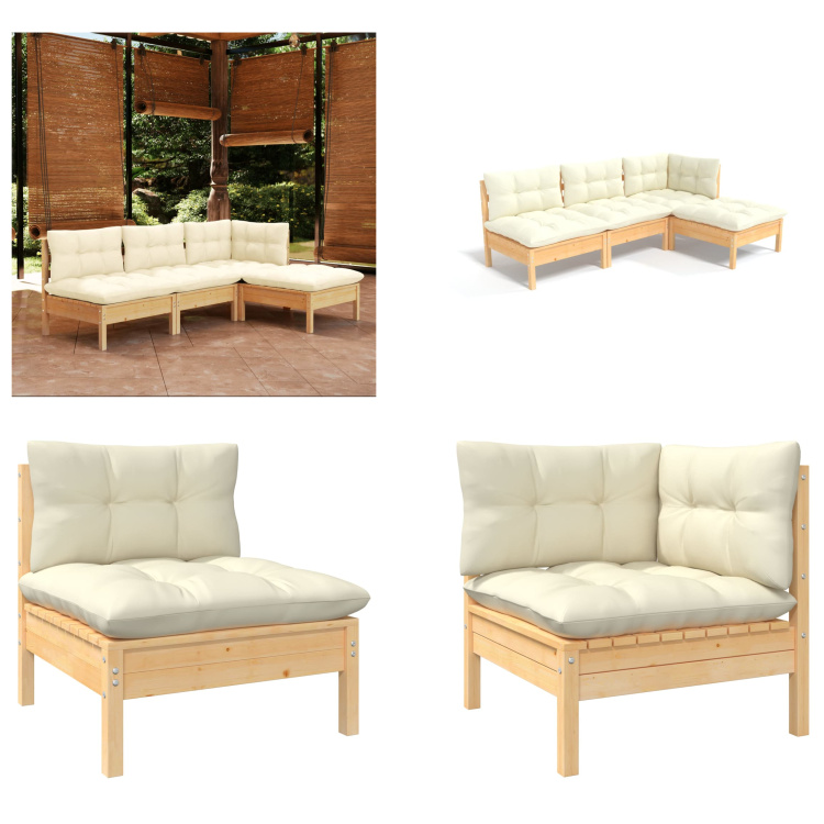 vidaXL 4-częściowy zestaw wypoczynkowy do ogrodu z kremowymi poduszkami z drewna sosnowego - Zestaw wypoczynkowy do ogrodu - Zestawy wypoczynkowe do ogrodu - Zestaw mebli ogrodowych - Zestawy mebli ogrodowych