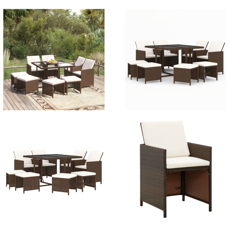 vidaXL 9-częściowy ogrodowy zestaw jadalniany z poduszkami z polirattanu brązowy - ogrodowy zestaw jadalniany - ogrodowy zestaw jadalniany - zestaw jadalniany z polirattanu - zestaw jadalniany na zewnątrz