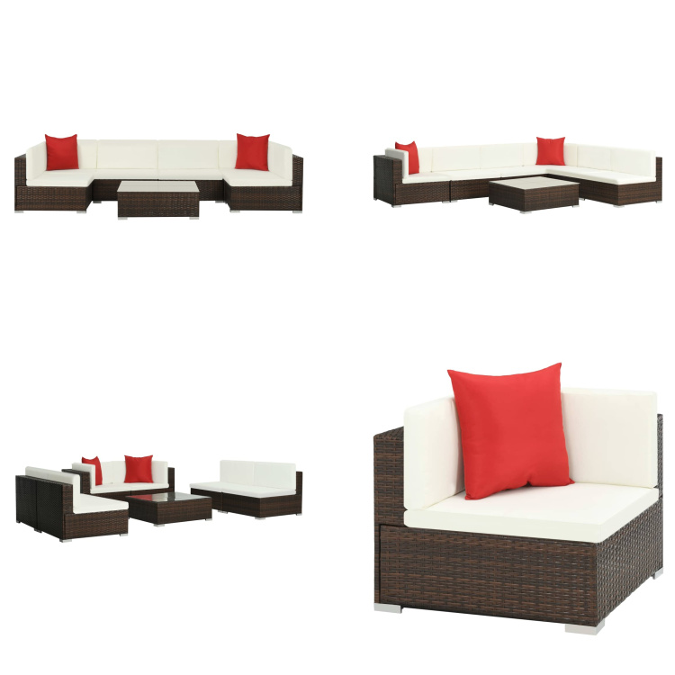 vidaXL 7-częściowy zestaw wypoczynkowy do ogrodu z poduszkami z polirattanu brązowy - Zestaw sof ogrodowych - Zestawy sof ogrodowych - Zestawy sof ogrodowych - Zestawy sof ogrodowych