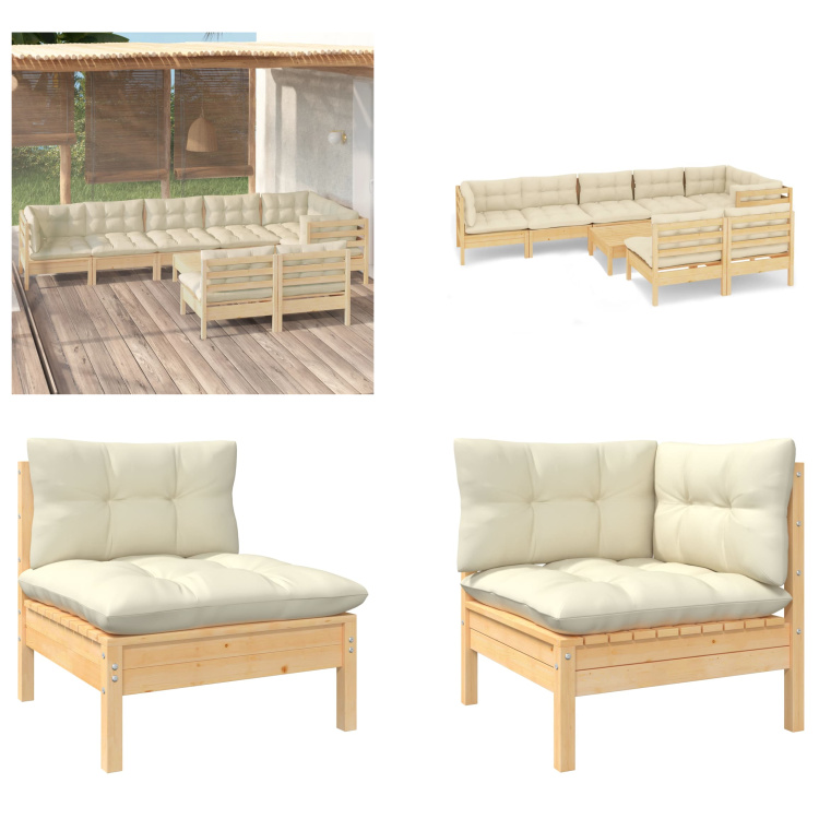 vidaXL 9-częściowy zestaw wypoczynkowy do ogrodu z kremowymi poduszkami z litego drewna sosnowego - Zestaw wypoczynkowy do ogrodu - Zestawy wypoczynkowe do ogrodu - Zestawy mebli ogrodowych - Zestawy mebli ogrodowych