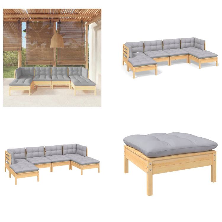 vidaXL 6-częściowy zestaw wypoczynkowy do ogrodu z szarymi poduszkami z drewna sosnowego - Zestaw wypoczynkowy do ogrodu - Zestawy wypoczynkowe do ogrodu - Zestaw mebli ogrodowych - Zestawy mebli ogrodowych