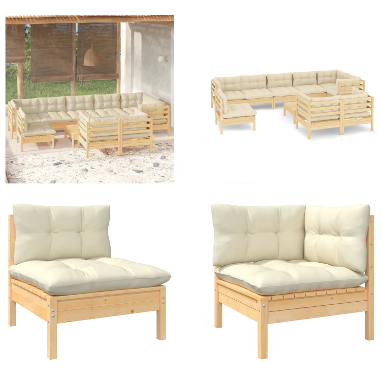 vidaXL 10-częściowy zestaw wypoczynkowy do ogrodu z kremowymi poduszkami z litego drewna sosnowego - Zestaw wypoczynkowy do ogrodu - Zestawy wypoczynkowe do ogrodu - Zestawy mebli ogrodowych - Zestawy mebli ogrodowych