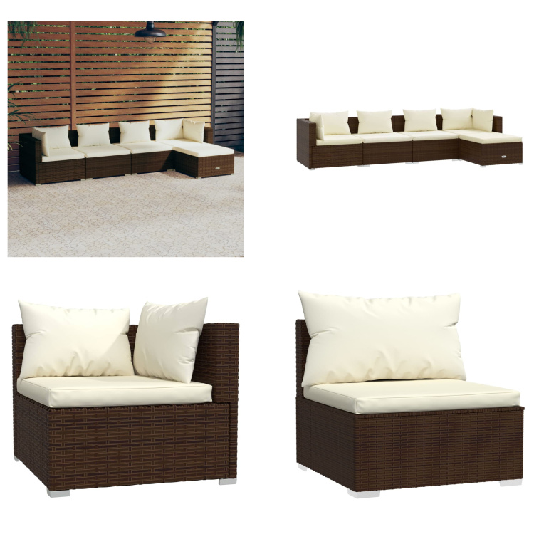 vidaXL 5-częściowy zestaw wypoczynkowy do ogrodu z poduszkami z rattanu w kolorze brązowym - zestaw wypoczynkowy do ogrodu - zestawy wypoczynkowe do ogrodu - zestaw wypoczynkowy na patio - zestaw sof ogrodowych